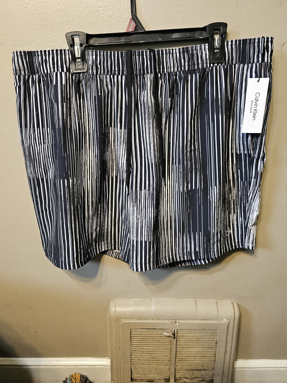 Calvin Klein Men's Black and White Striped Swim Trunks